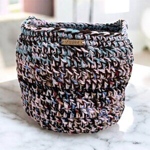 Crochet Basket with Handles Handmade One of a Kind Scrap Yarn Basket Brand New